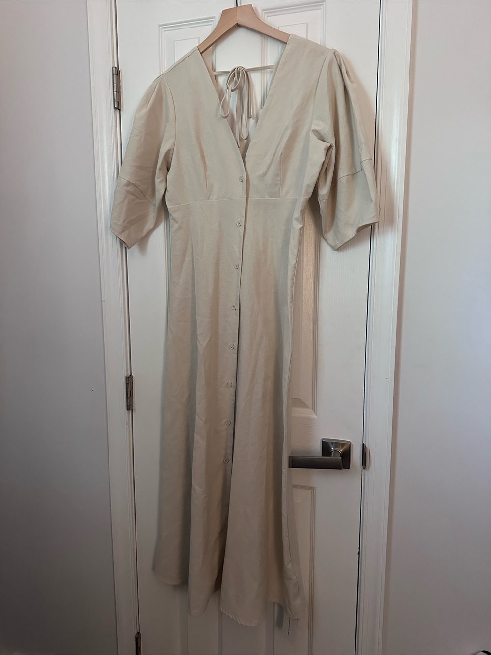 Light Cream Button-Front Midi Dress with V-Neck
